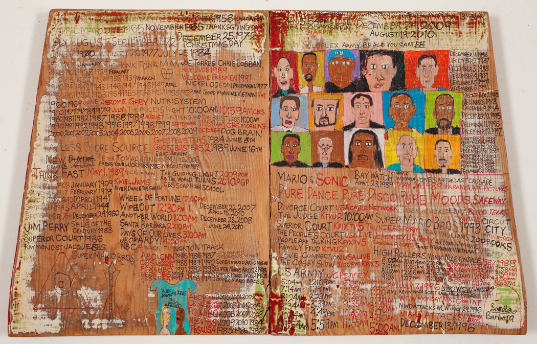 Fifteen People by Daniel Green © 2009 Creativity Explored Licensing, LLC. Sharpie marker , colored pencil, ink, on reycled wood. 14.25 x 22..5 inches