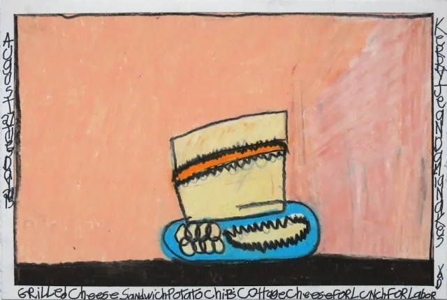 Grilled Cheese Chips Cottage Cheese for Lunch for Labor Day , Kerry Damianakes, Prismacolor and ink on paper, 2013, 15" x 22"