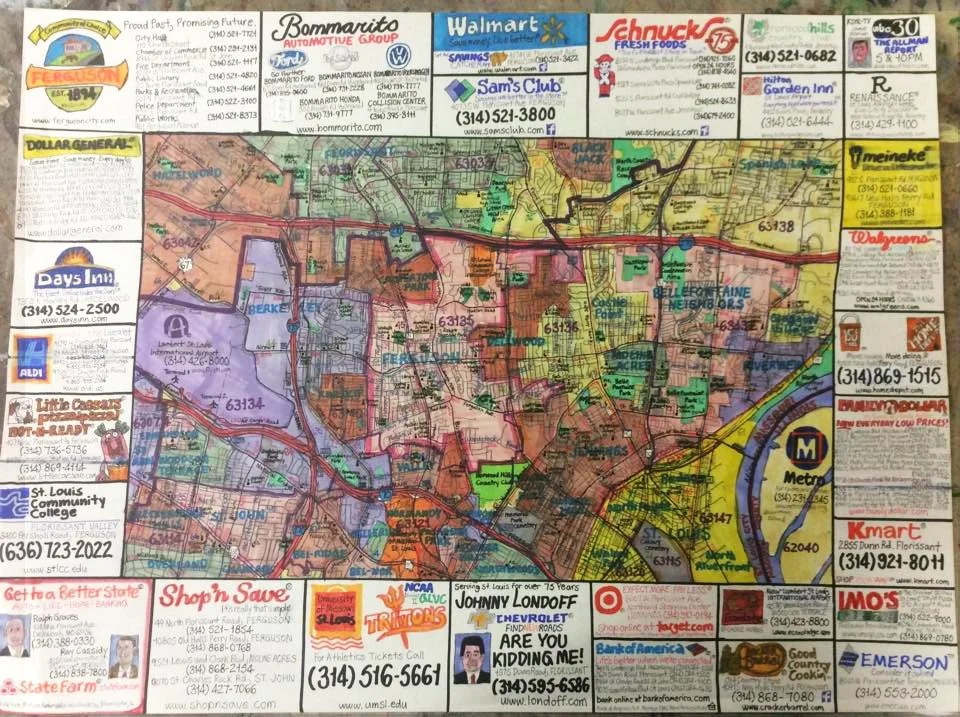"Street map of Ferguson, Missouri including north central St. Louis county and Lambert airport area."