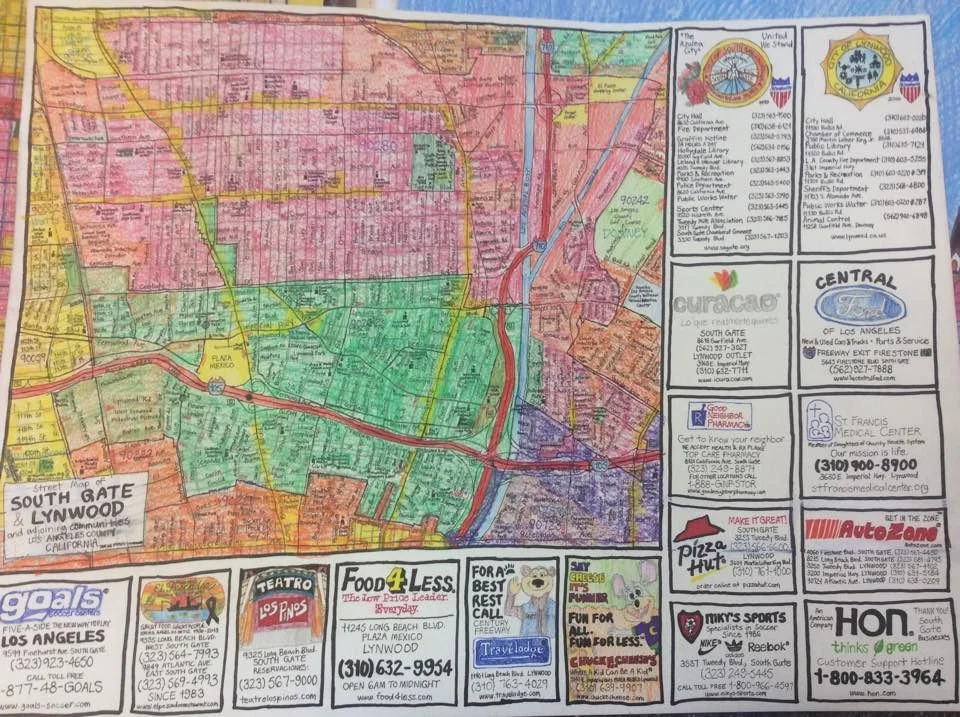 "Detailed street map of South Gate and Lynwood and portions of Compton, Cudahy, Downey, Paramount and Watts."