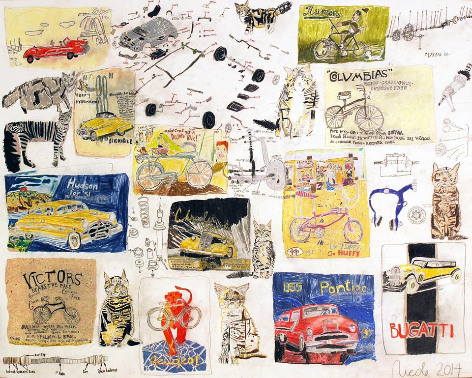 Cars, Bikes, Car Parts, and Maine Coon Cats , colored pencil on paper, 19" x 24", 2014