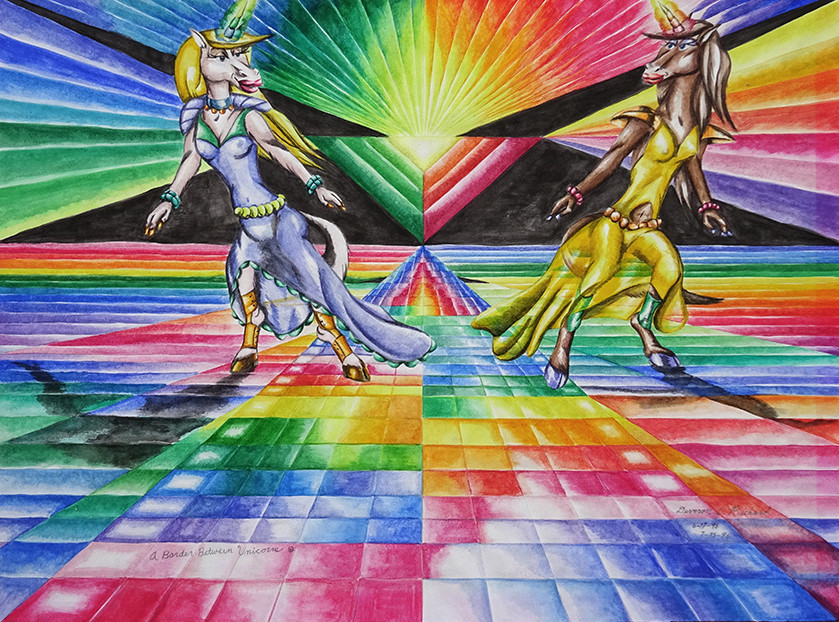 A Border Between Unicorns , watercolor on paper, 19" x 25.5”, 1996