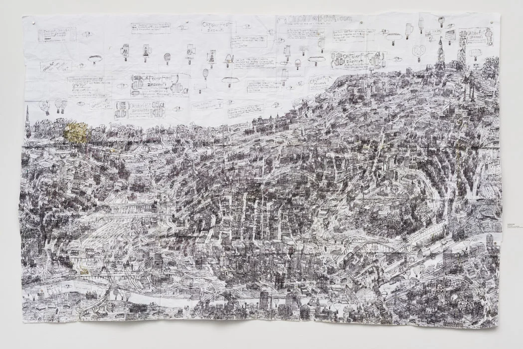 Untitled , 2015, ballpoint pen on collaged paper, 52" x 80"