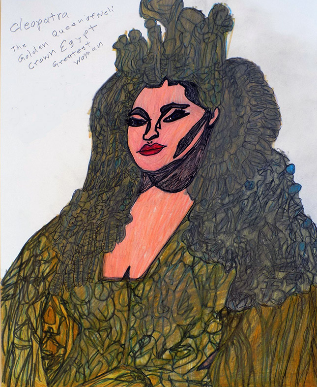 Cleopatra The Golden Queen of Neli, Crown Egypt, Greatest Woman, 2016, colored pencil, graphite, ink on paper, 11” x 14”