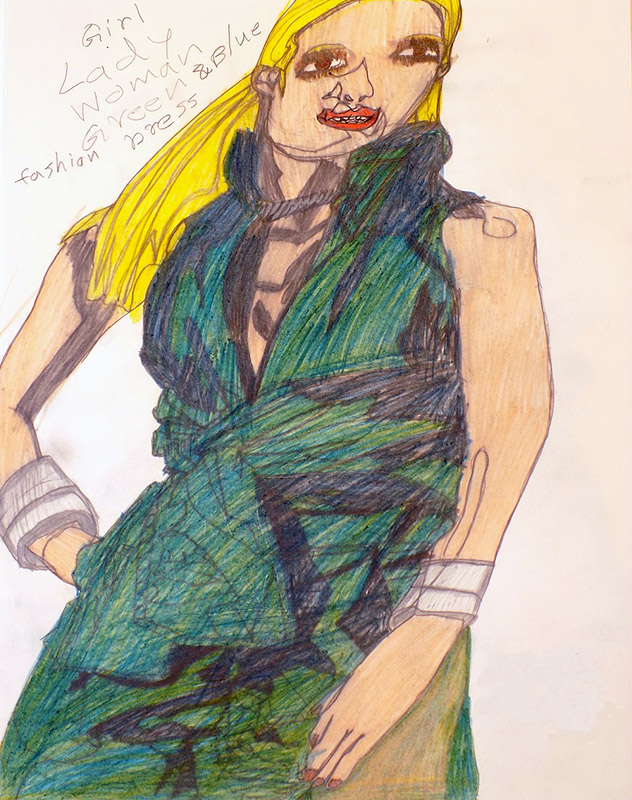 Lady Girl Woman Green & Blue Fashion Dress , 2016, colored pencil, graphite, and ink on paper, 11” x 14”