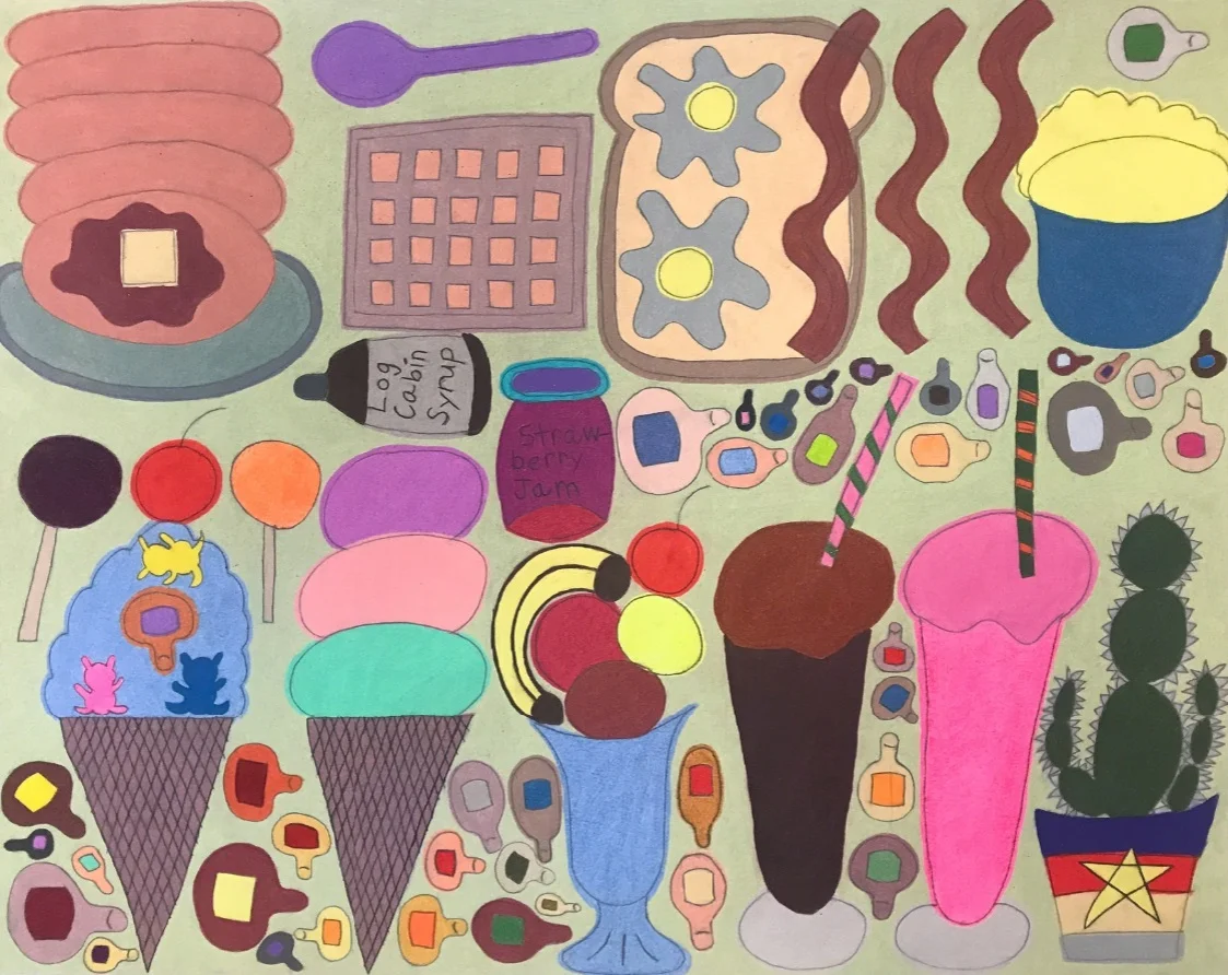 Breakfast, Ice Cream, and Meatball Toes , 2017, graphite and colored pencil on paper, 19 × 24 inches
