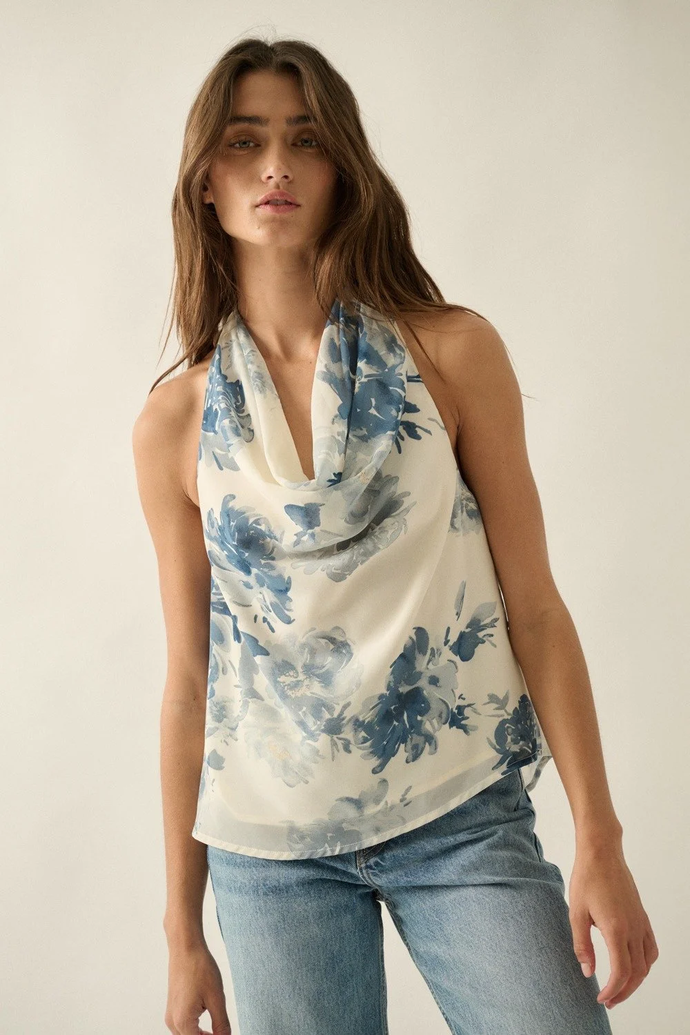 Chiffon Cowl Neck Halter Blouse Soft Blue Floral