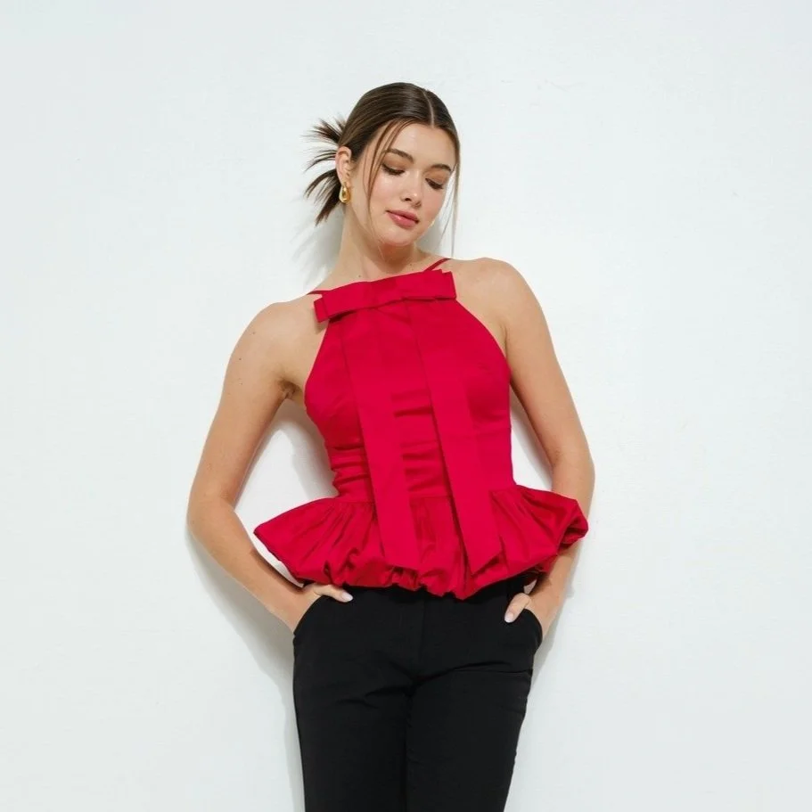 Bow Front Bubble Hem Top Red