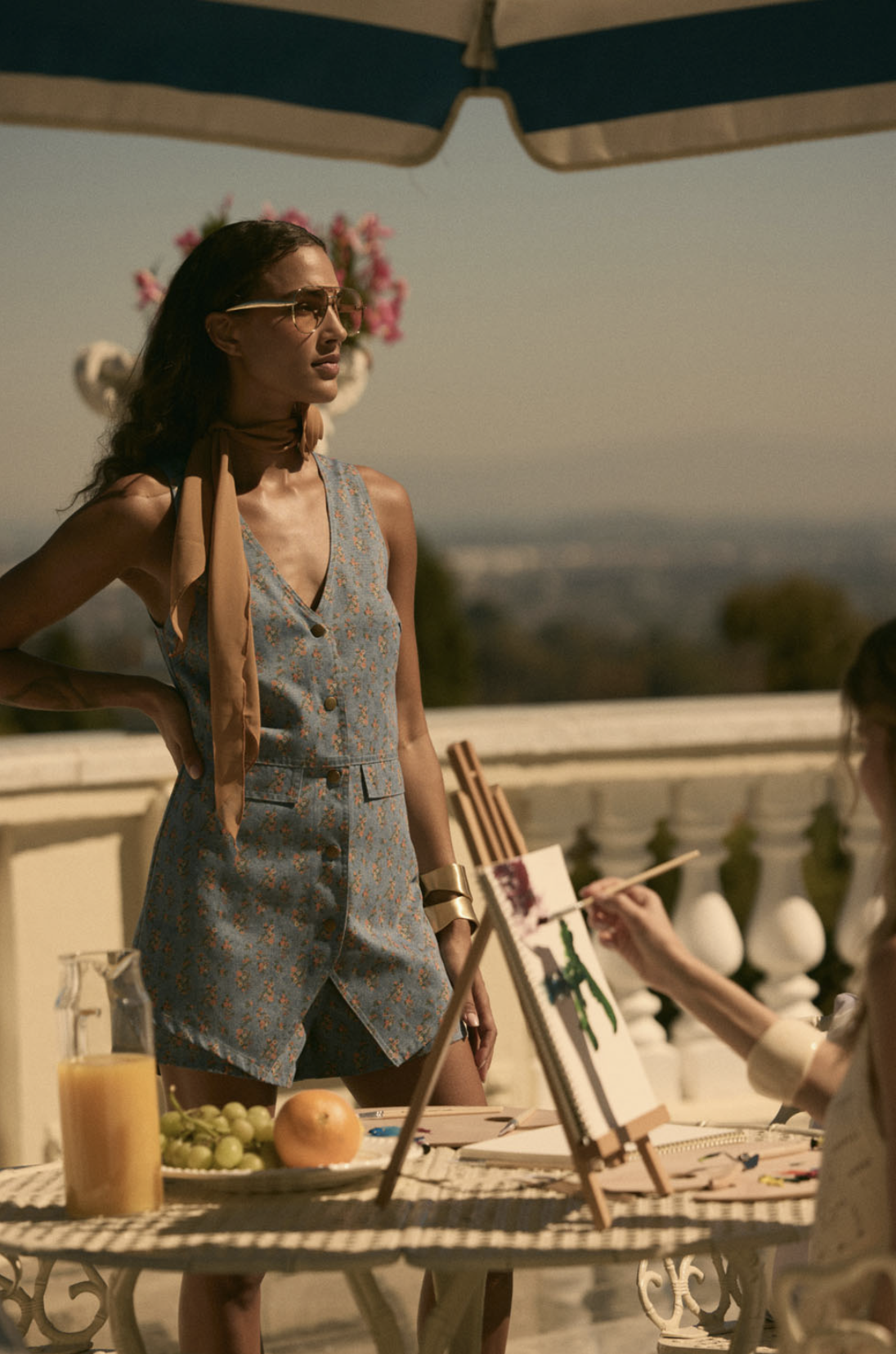 Sleeveless Vest Romper Denim Floral Print