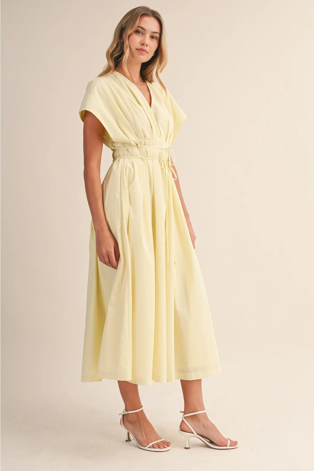 V-neck Pleated Button Down Midi Dress Butter