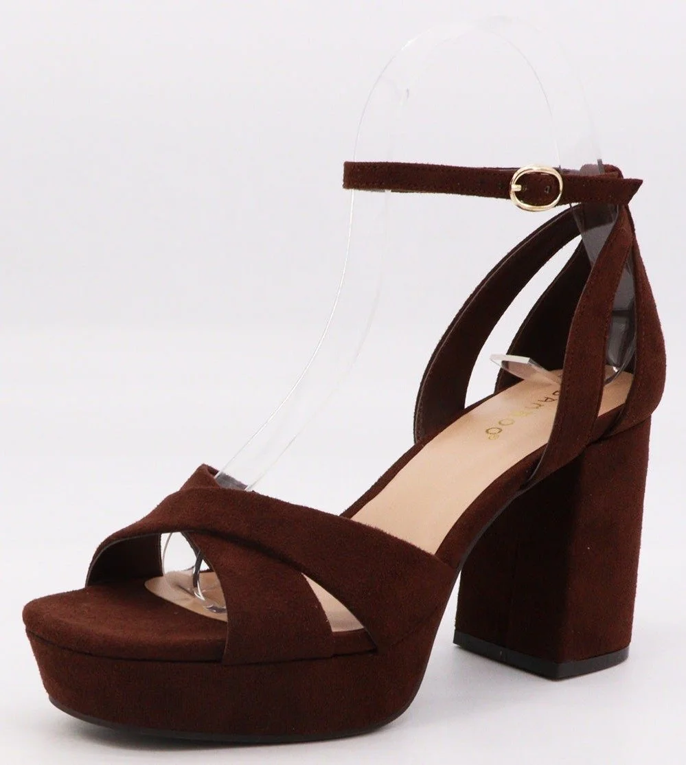Cross-Toe Platform Block Heels Brown Suede