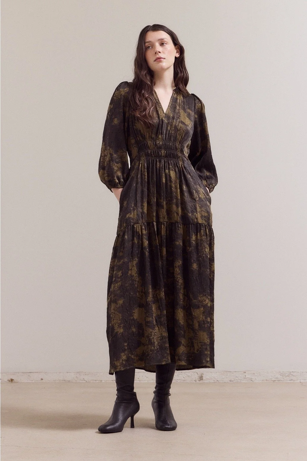 3/4 Sleeves Printed Midi Dress Tapenade