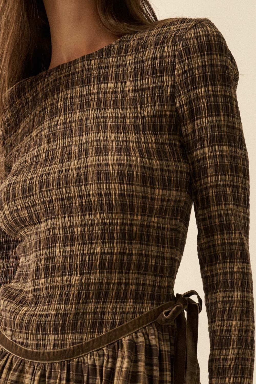 Plaid Smocked Drop Waist Midi Dress Chocolate