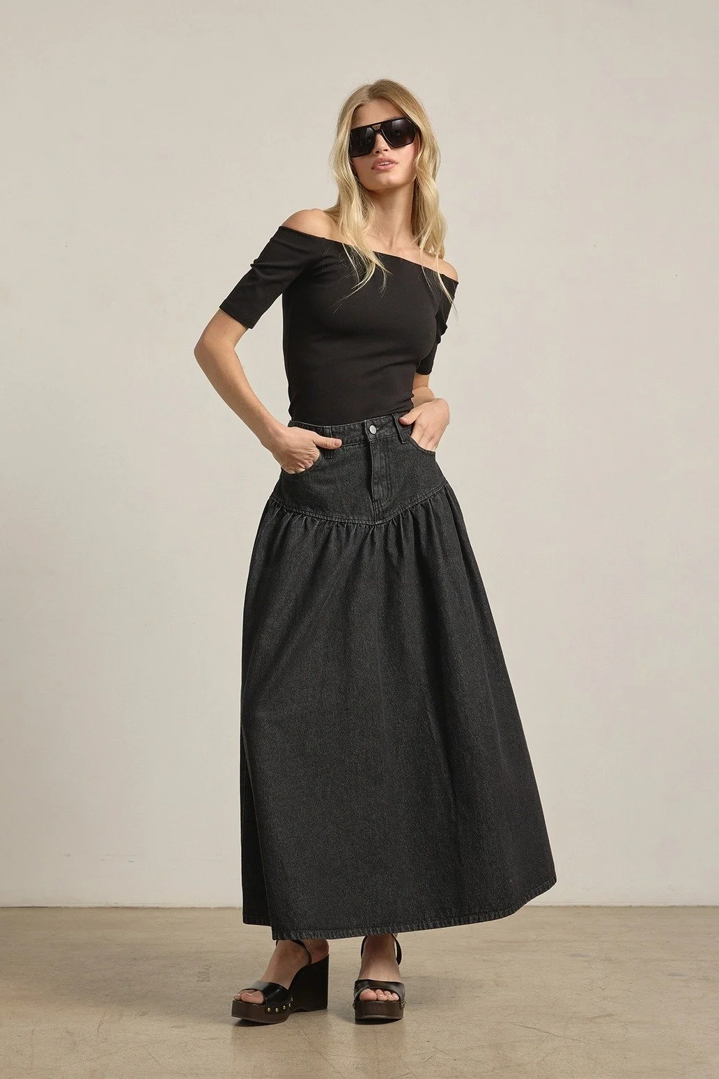 Yoked Denim Maxi Skirt Washed Black