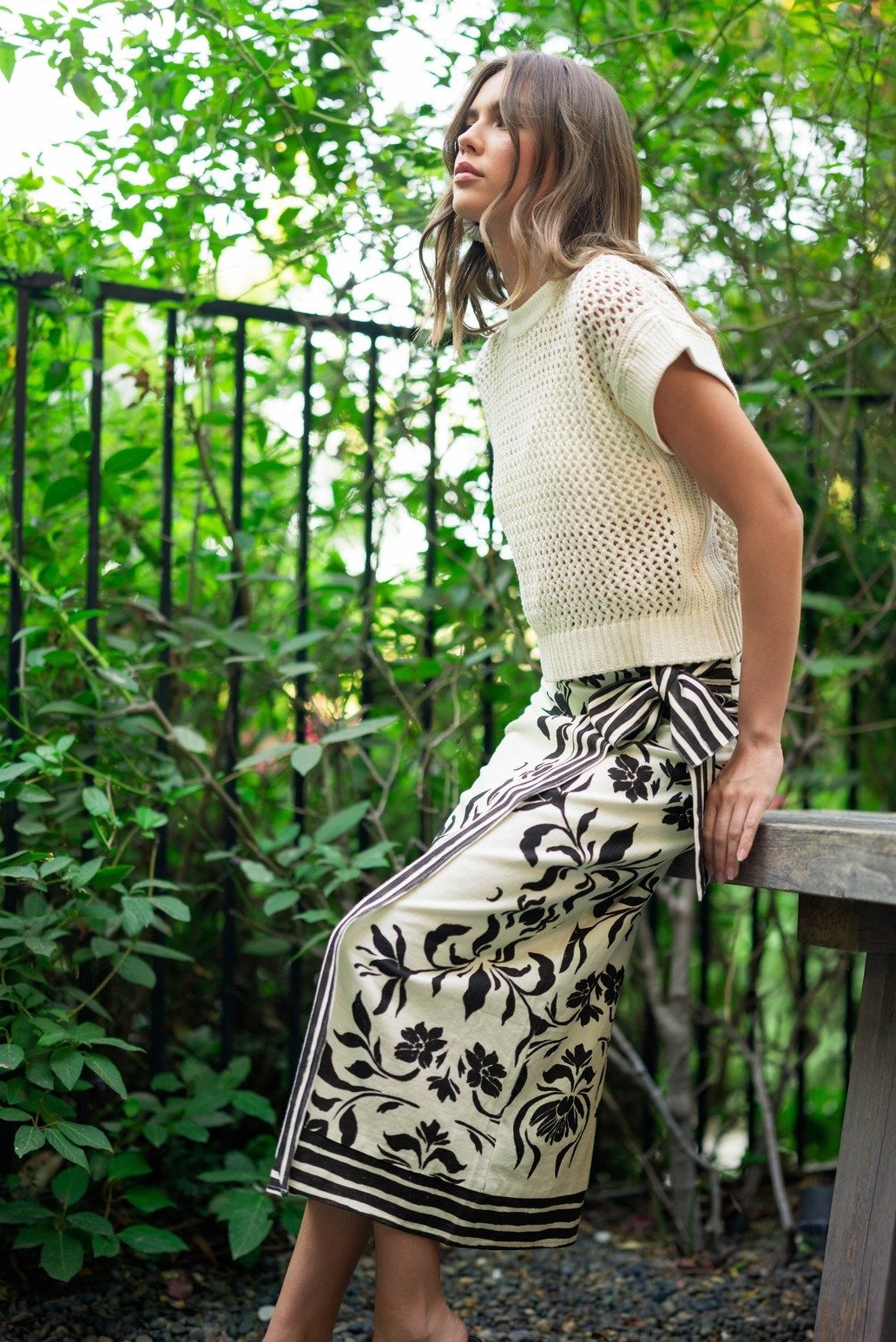 Floral Linen Wrap Skirt Cream & Black
