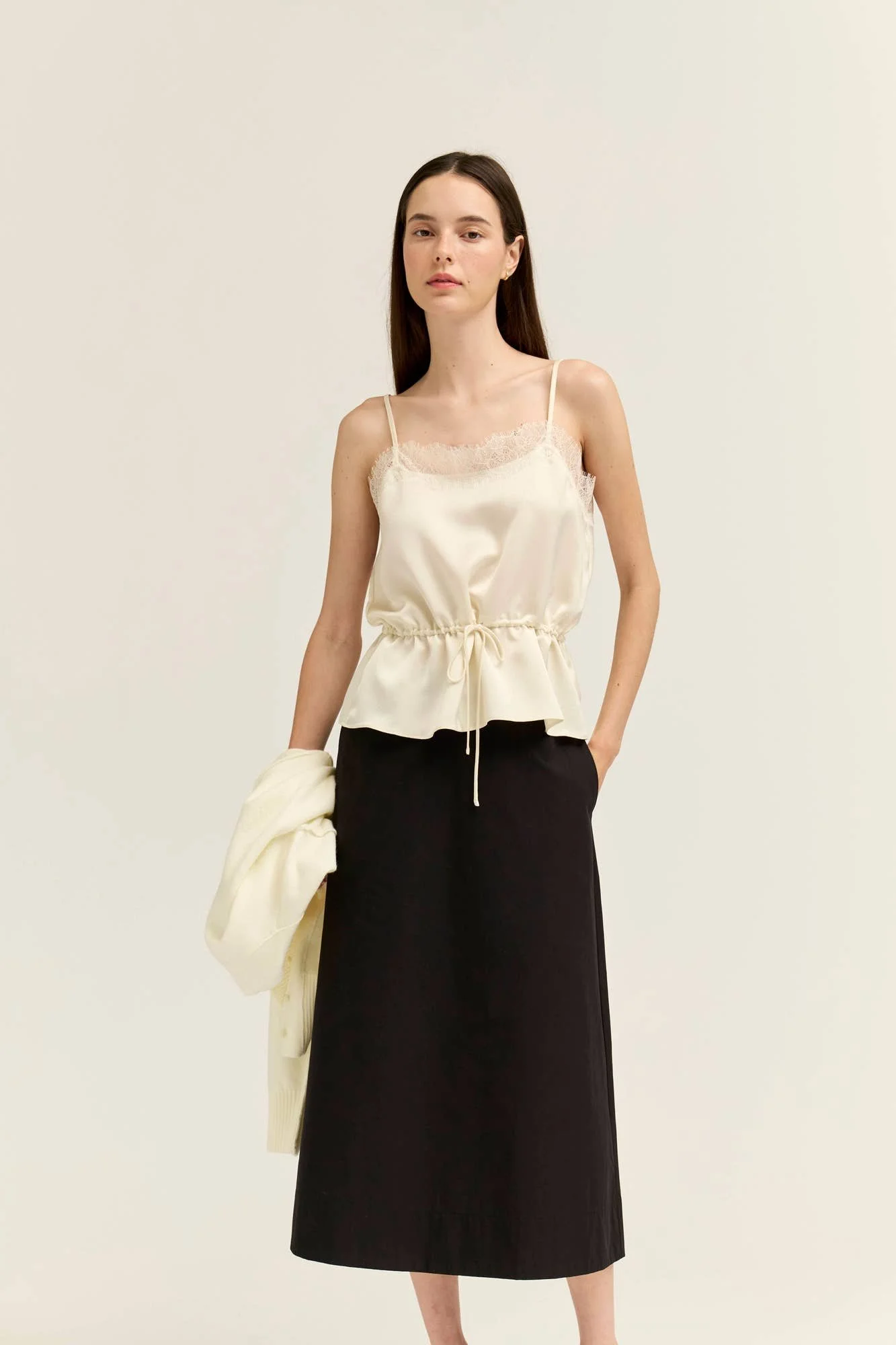 Crinkle Satin & Lace Slip Top Cream