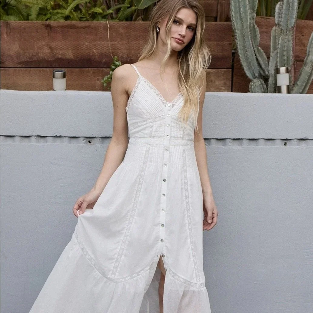 Lace Trim Button Down Maxi Dress White