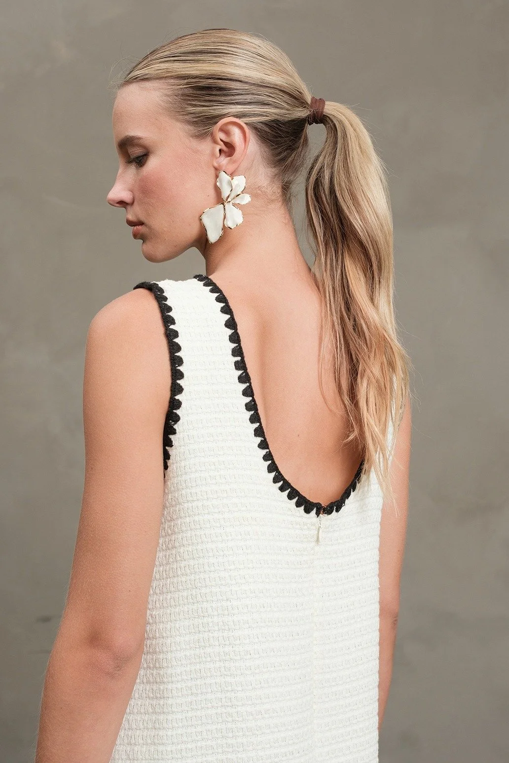 Tweed Contrast Trim Mini Shift Dress Cream