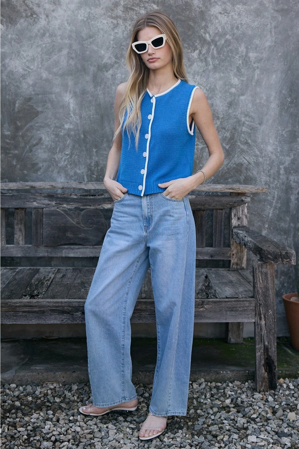 Contrast Trim Button Vest Blue