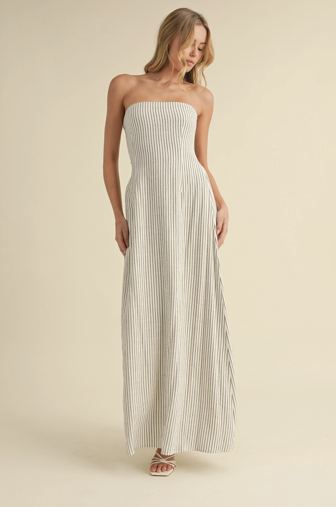 Strapless Tie Back Maxi Dress Linen Stripe