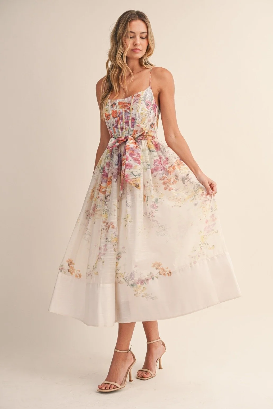 Organza Corset Midi Dress Watercolor Floral