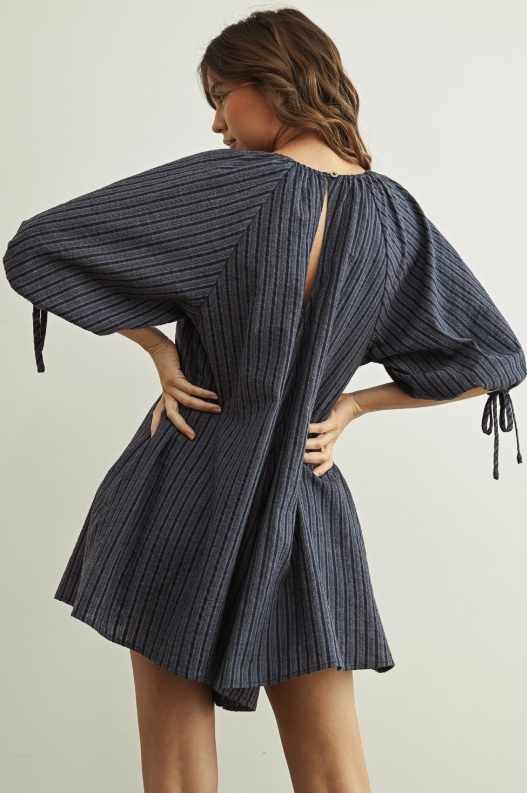 Tonal Stripe Puff Sleeve Babydoll Romper Navy