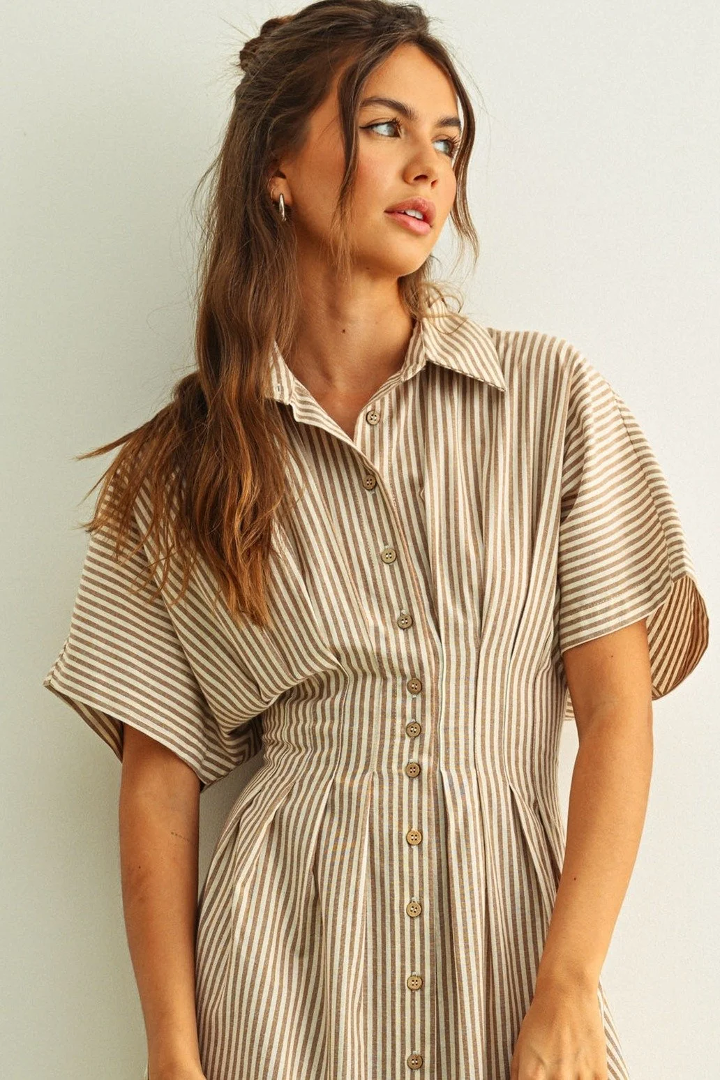 Pleated Button Down Shirt Dress Brown Stripe