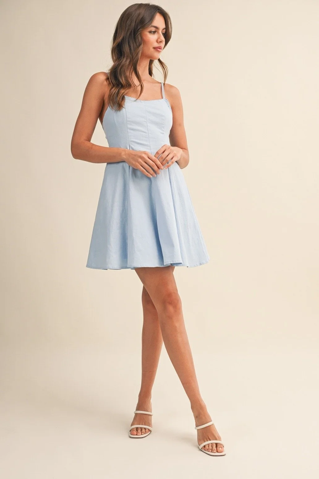 Picot Lace Trimmed Mini Dress Light Blue