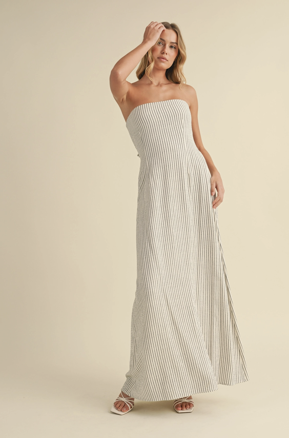 Strapless Tie Back Maxi Dress Linen Stripe
