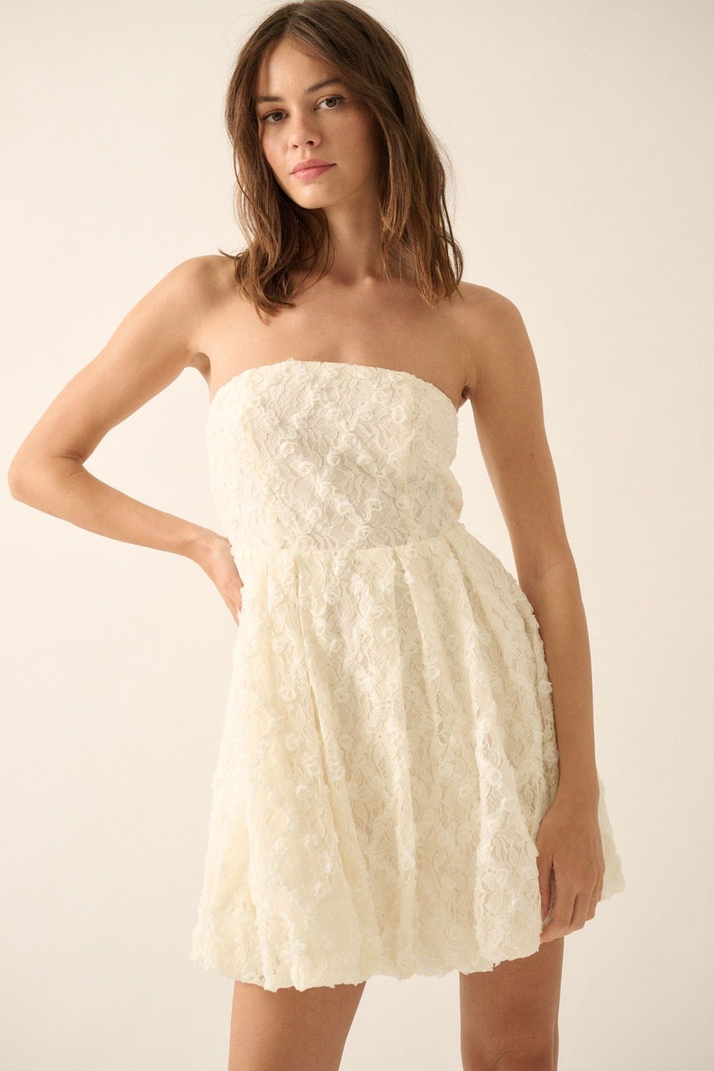 3D Floral Lace Strapless Bubble Mini Dress Cream