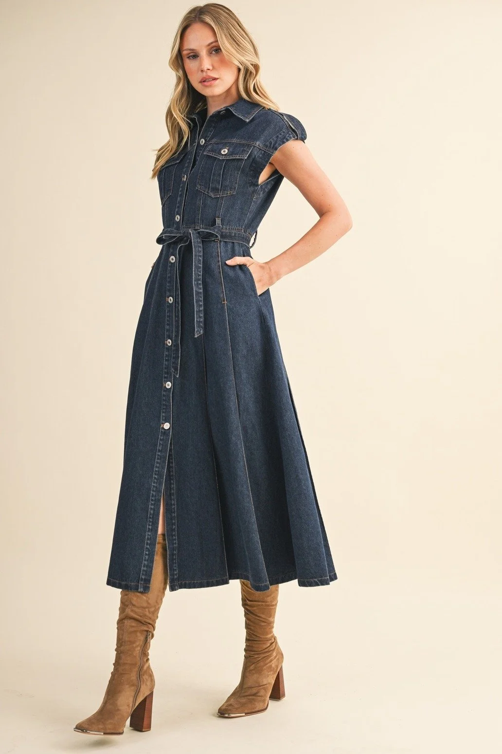 Cap Sleeve Button Down Midi Dress Dark Denim