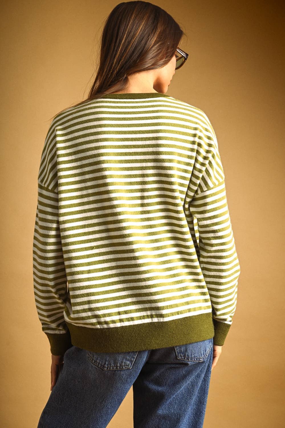 Contrast Trim Striped Sweater Sage & Ivory