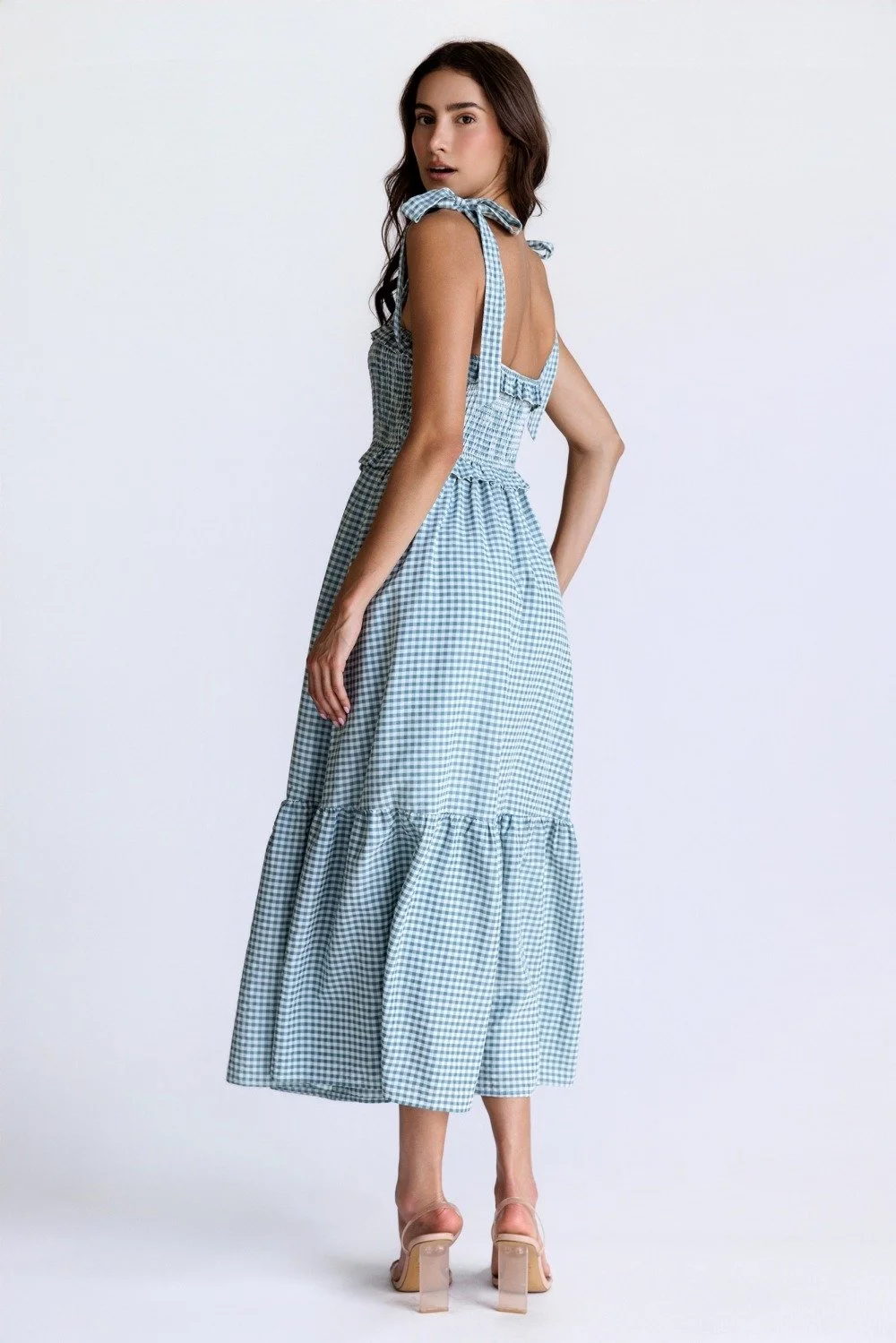 Bow Strap Smocked Midi Dress Teal Gingham