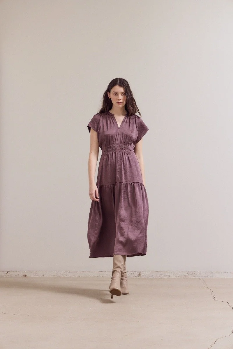 Cap Sleeve Tiered Satin Midi Dress Aubergine