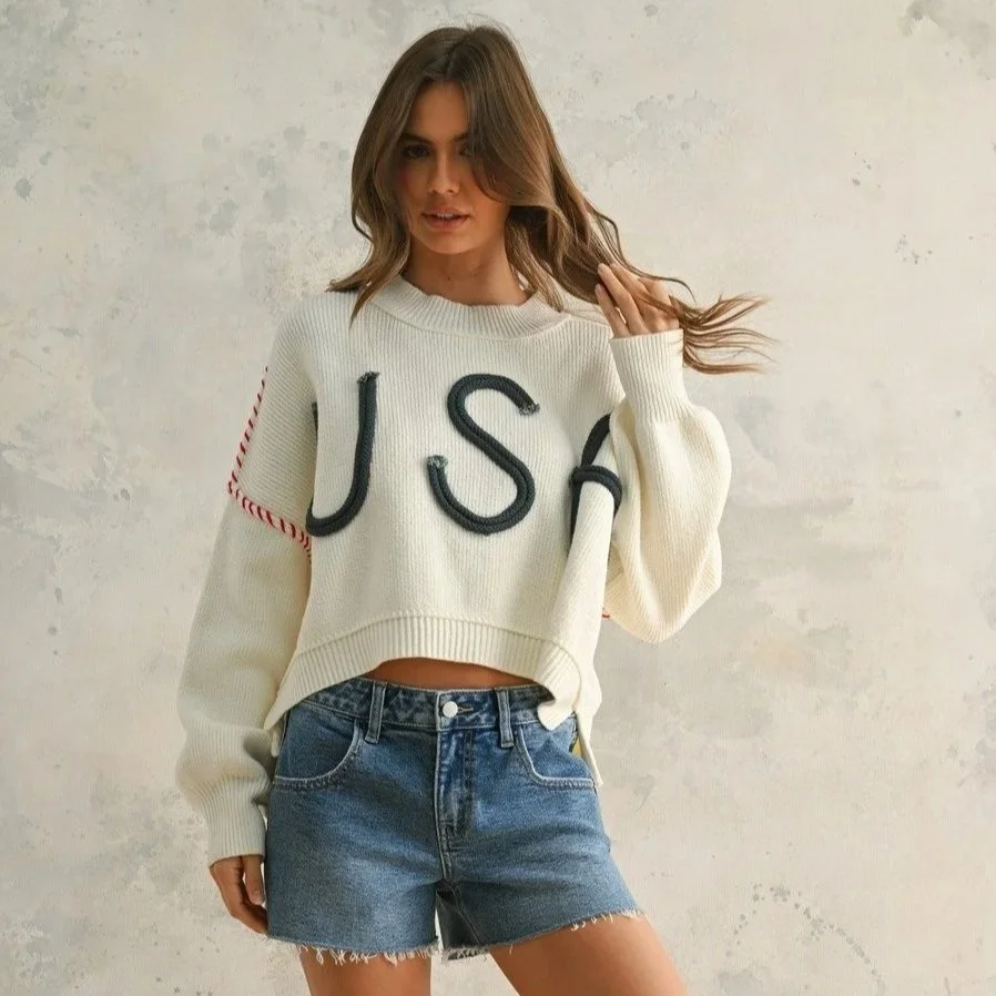 USA Rope Letter Sweater Cream