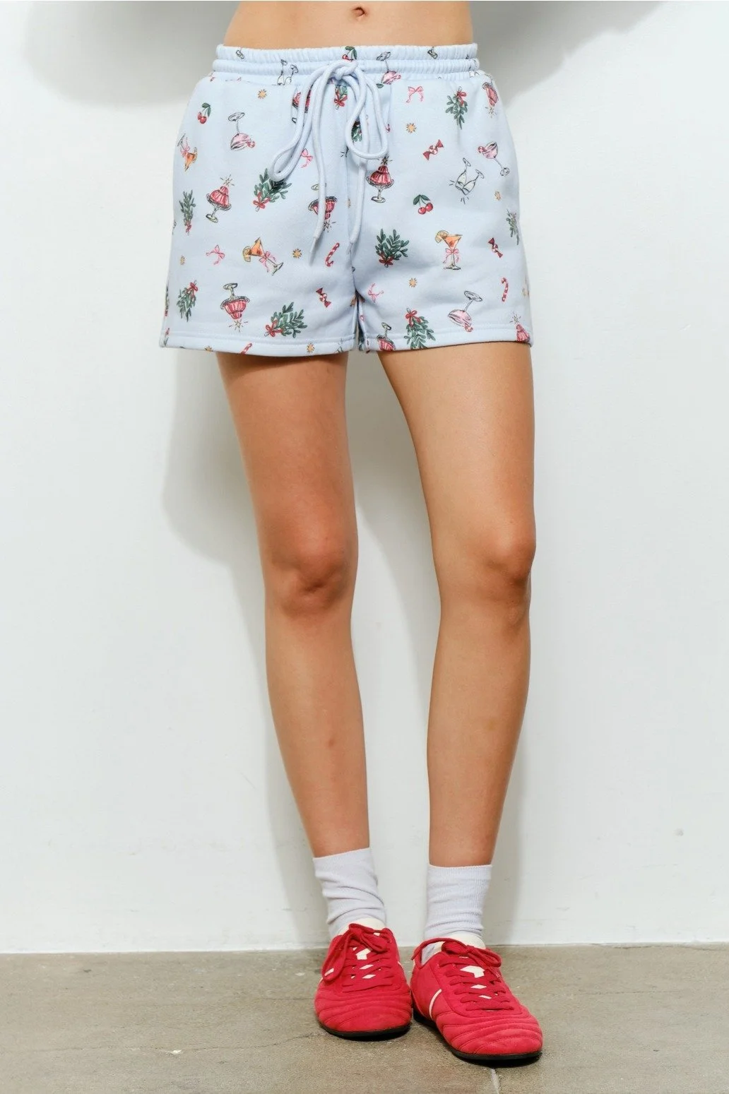 Retro Christmas Print Sweatshorts Baby Blue