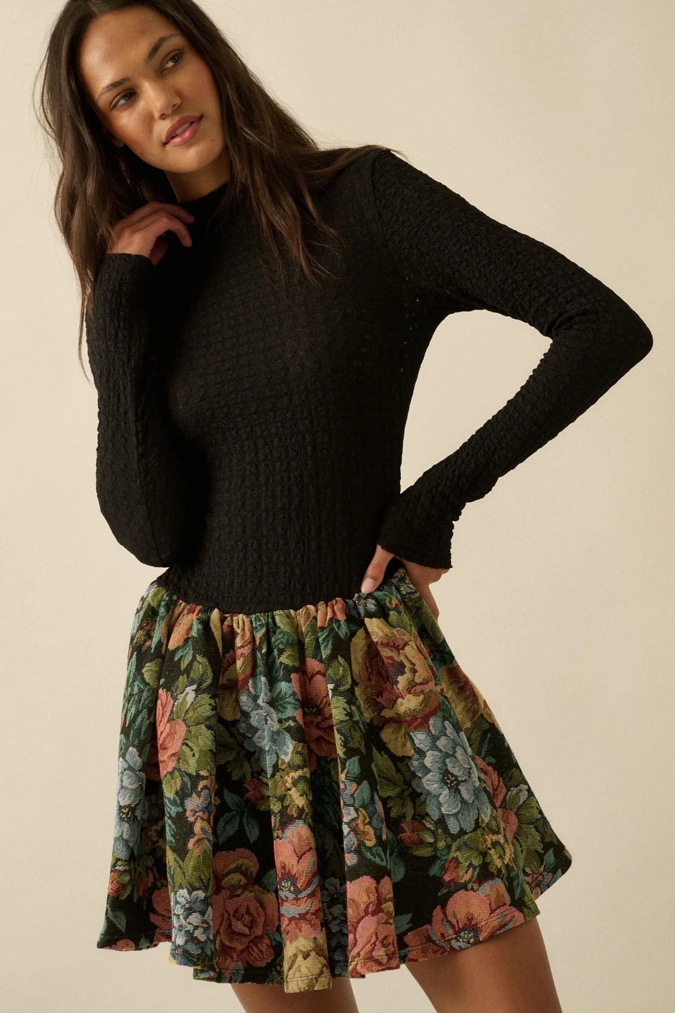 Textured Knit Bubble Mini Dress Tapestry Floral