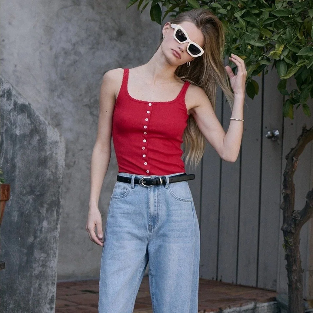 Pointelle Ribbed Button Front Cami Red