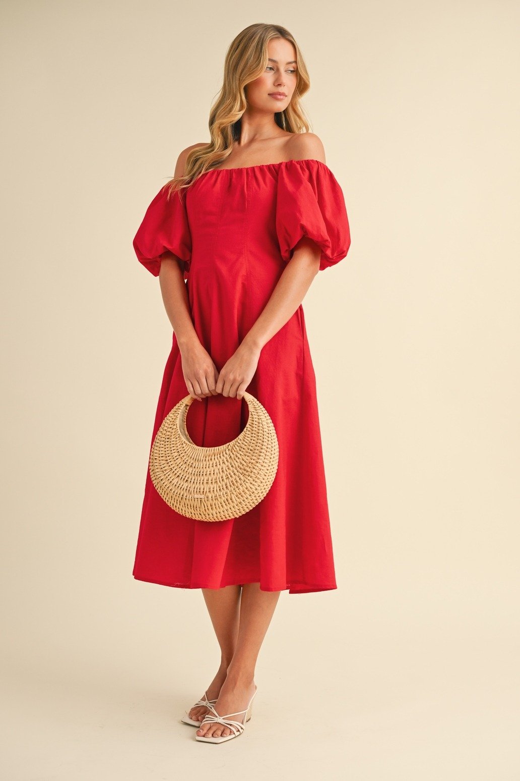 Puff Sleeve Off-Shoulder A-line Midi Dress Red