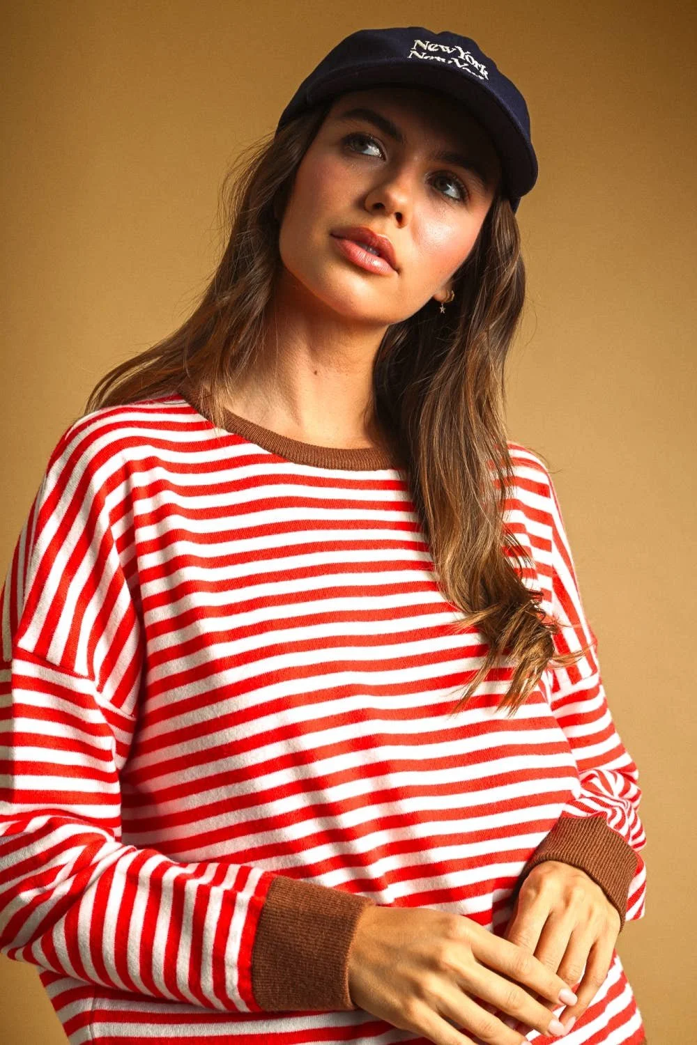 Contrast Trim Striped Sweater Red & Brown