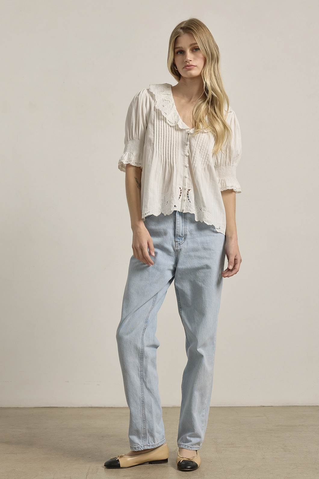 Embroidered Ruffle Collar Blouse - Ivory