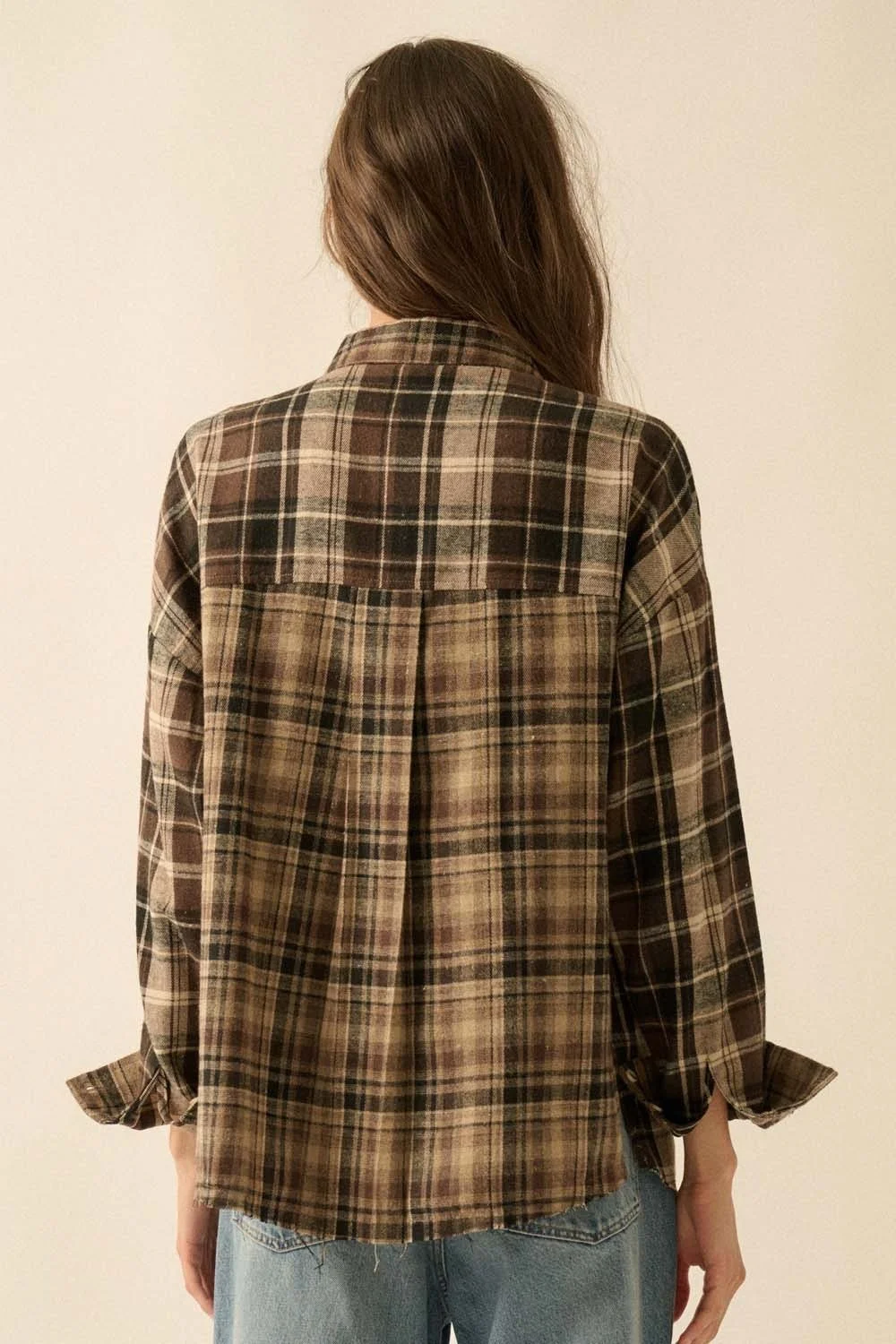 Colorblock Oversized Flannel Button Up Brown Plaid