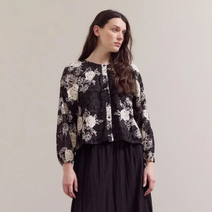 Button Front Lace Embroidered Blouse Black Floral