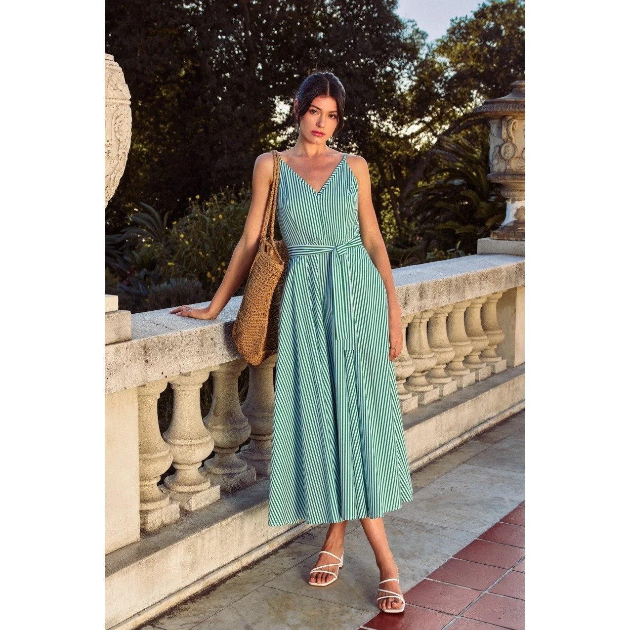 V-neck Midi Sundress Kelly Green Stripe  Byron & Barclay
