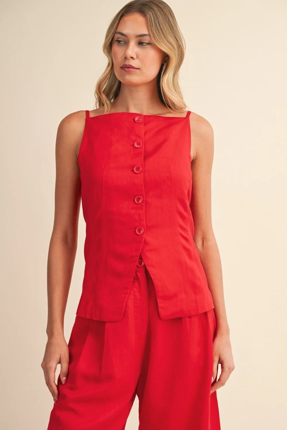 Linen Button Vest & Culotte Shorts Set Red