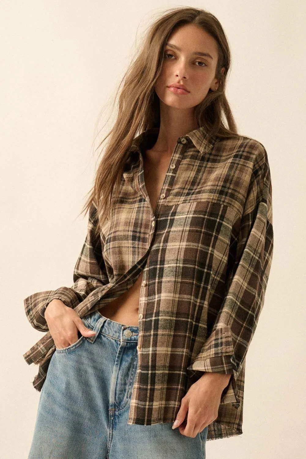 Colorblock Oversized Flannel Button Up Brown Plaid
