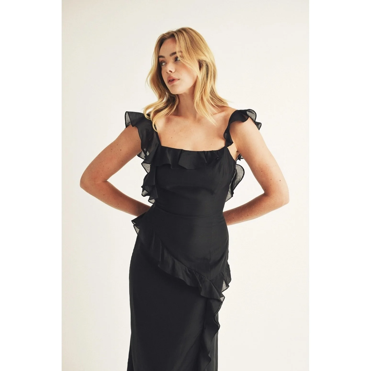 Ruffled Front Slit Midi Dress Black  Byron & Barclay