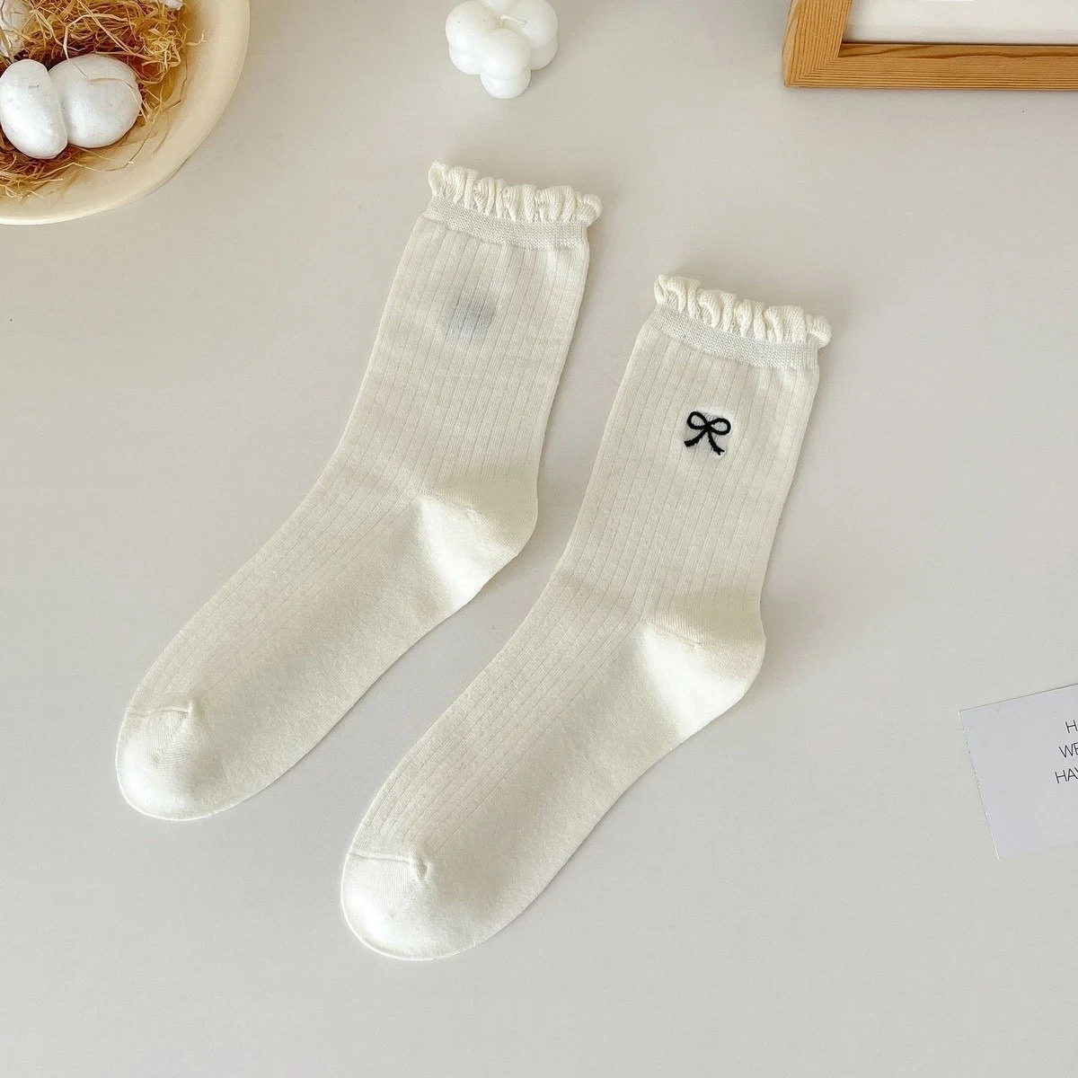 Black Embroidered Ruffled Bow Socks
