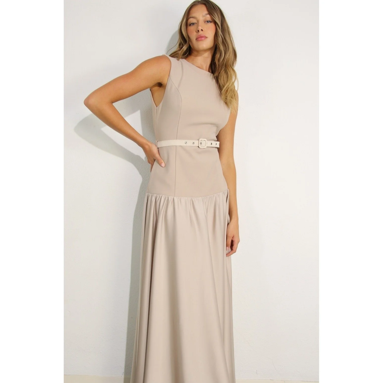 Mixed Fabric Belted Maxi Dress Mauve Brown Byron & Barclay Mixed Fabric Belted Maxi Dress Mauve Brown Byron & Barclay