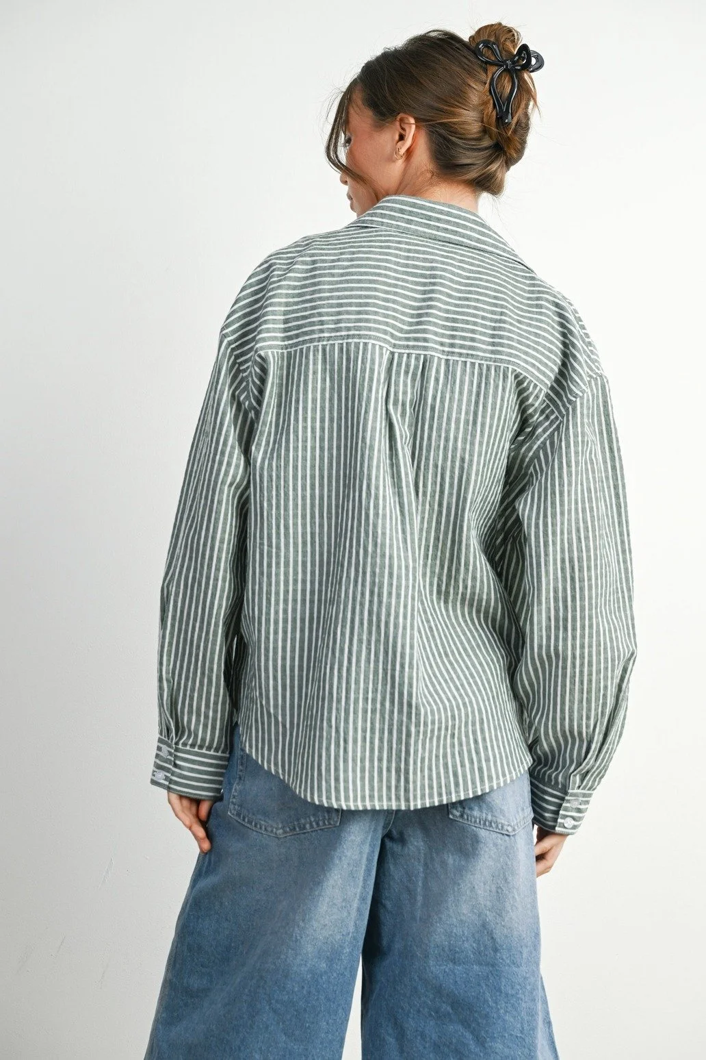 Collared Button Up Top Sage Stripe